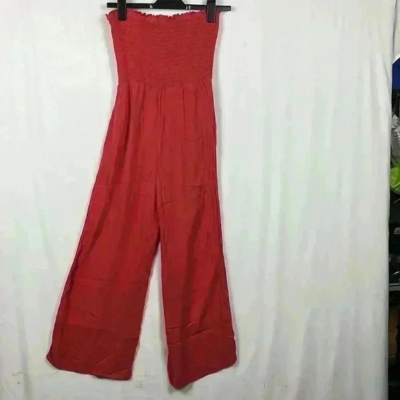 Sky & Sparrow Jumpsuit Burnt Orange M Smocked Bodice Sleeveless Pockets Ruffle - Picture 6 of 11